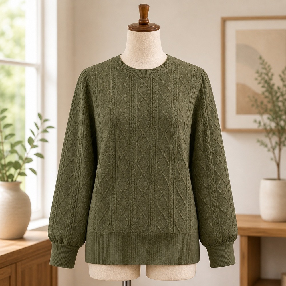 Belle by Kim Gravel Olive Green Textured Cable Knit Sweatshirt Size S Crew Neck